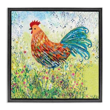 Imagem de Stupell Industries Arte de parede em tela flutuante preta com galo de galo colorido em jardim, design de Clare Tupper, 63 x 63 cm