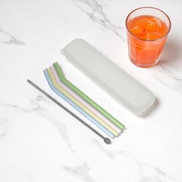 Imagem de Generic 1 conjunto de canudos, pacote com 4, conjunto de canudos dobrados reutilizáveis com escova e estojo de armazenamento, lavável à mão, vidro de borossilicato alto, verde, rosa, amarelo, azul
