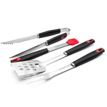 Imagem de Conjunto de ferramentas para grelha de churrasco 4 peças utensílios para grelhar espátula pinças garfo pincel para regar acessórios para churrasco em aço idável