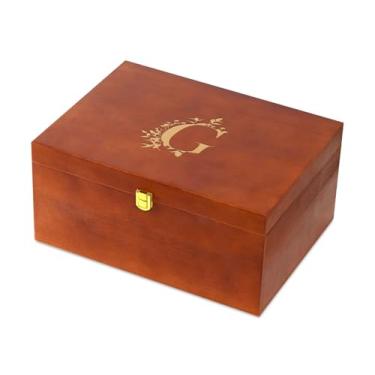 Imagem de InnoBeta Caixa de lembrança de presentes personalizados, caixas de armazenamento de madeira, organizador decorativo com tampa para tesouro de memória, presentes iniciais para aniversário, Natal, G