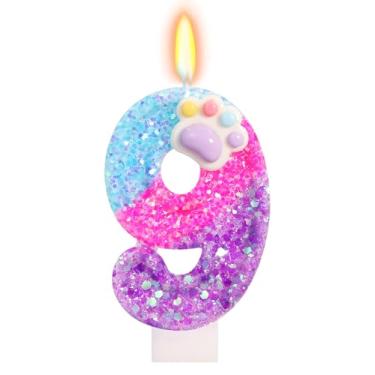 Imagem de FAMGift Velas fofas de aniversário de pata – Vela número 9, topo de bolo de pata de gato e cachorro, decorações de aniversário com tema de desenho animado para meninos e meninas