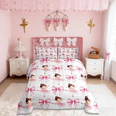 Imagem de Jogo de cama infantil fofo com gravata borboleta, tamanho queen, bailarina, princesa, sonhador, edredom feminino, com laço feminino, rosa e branco, 2 fronhas