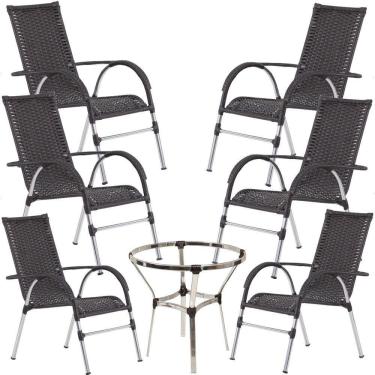 Imagem de 6 Cadeiras Alumínio E Mesa S/tampo Varanda Jardim Piscina Preto
