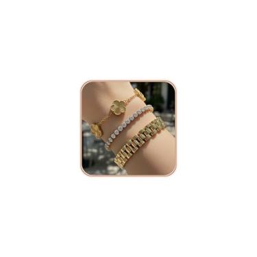 Imagem de JAWOMATY Conjunto de 3 pulseiras de ouro empilháveis para mulheres, trevo banhado a ouro 18K, zircônia cúbica, conjunto de pulseiras de relógio de tênis, joias de ouro modernas não manchadas para