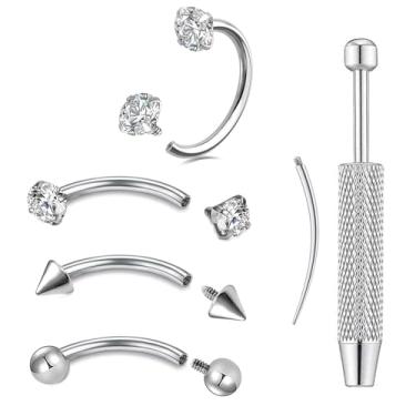 Imagem de CHARMONLINE Anel de nariz em ferradura 16G rosca interna barra curvada minúsculo anel de sobrancelha argola 316L aço cirúrgico orelha piercing lábio sobrancelha hélice orelha piercing piercing joia