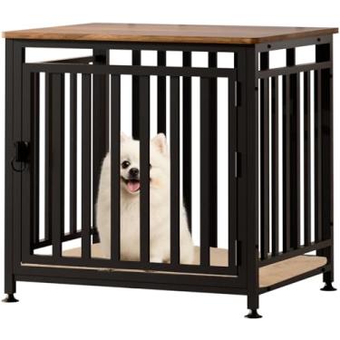 Imagem de Móveis de gaiola para cães pequenos, canil interno, antimastigação, antiescape, com almofada de cama, mesa lateral de madeira, gaiola de cachorro de tubo de aço, marrom rústico