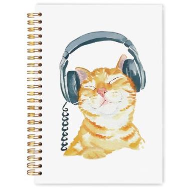 Imagem de WARDOS Caderno de gato laranja engraçado 14 x 21 cm, presente para dono do pai, para amantes de gatos, gatos fofos com fone de ouvido, caderno para anotações, diário espiral gatinho laranja gatinho