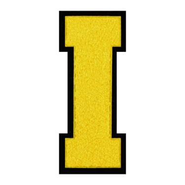 Imagem de 1 PÇ Patch de letra de chenille amarelo de 15 cm com borda preta – Adesivos do alfabeto para roupas, jaquetas, mochilas, chapéus para decoração personalizada, nome personalizado e artesanato. (I)