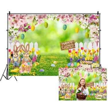 Imagem de Renaiss 2,1 x 1,5 m Pano de fundo de Páscoa feliz primavera flores rosa ovos coloridos cerca de grama verde paisagem natureza cenário fotografia fundo para chá de bebê, decoração de festa de