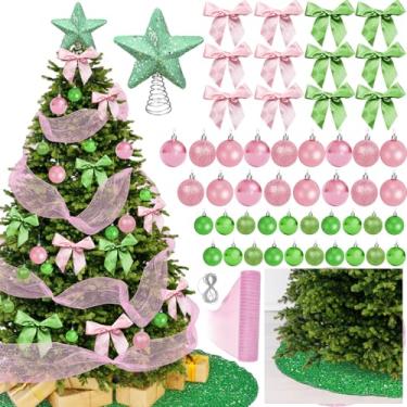 Imagem de Cinrobiye Conjunto de decoração de árvore de Natal, incluindo 48 bolas de enfeites de Natal, 12 laços, topo de árvore, saia de árvore, fita de malha para árvores de Natal, guirlanda de festa de Natal