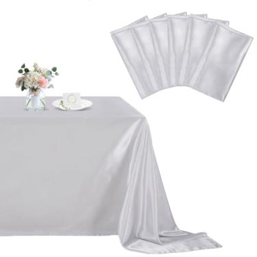 Imagem de B-COOL Toalhas de mesa de cetim prateado: 144,8 x 304,8 cm toalha de mesa de festa prata romântica pacote com 6 sobreposições de mesa retangular para cerimônia de casamento