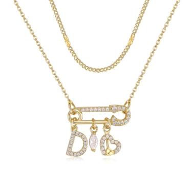Imagem de MEIITRUE Colar feminino com inicial de alfinete de segurança, banhado a ouro 14 quilates, corrente em camadas, pingente de zircônia cúbica, gota e pingentes de coração, pingente de nome personalizado