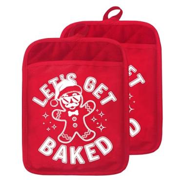 Imagem de GOOZHO Suportes de panela engraçados de pão de gengibre de Natal com bolsos, Let's Get Baked Christmas Gingerbread Man, luvas de forno resistentes ao calor, almofadas quentes para cozinha, assar