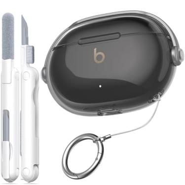 Imagem de RFUNGUANGO Capa protetora transparente para New Beats Studio Buds + (2023) / Buds (2021), trava de segurança para Beats Studio Buds Plus, capa protetora com kit de limpeza/chaveiro, preta