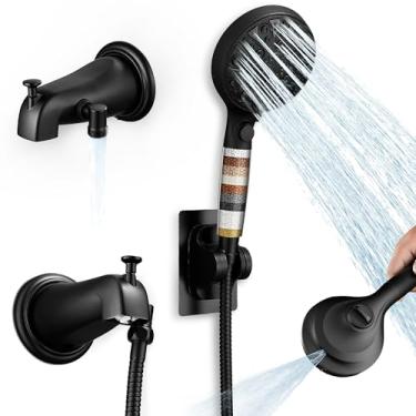 Imagem de sagetta Bico de banheira preto com desviador Combo Fuacet de banheira serve para IPS rosqueado de 1/5.1 cm ou 3/10.2 cm com cabeça e suporte de chuveiro portátil de 10 modos, placa de cobertura