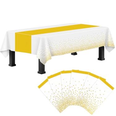 Imagem de Toalha de mesa de plástico descartável, pacote com 6 toalhas de mesa descartáveis brancas e douradas, capa de mesa retangular de plástico para aniversários, férias, casamento, noivado, aniversário