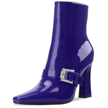 Imagem de Perisis Botas de cano curto, salto alto, grosso, preto, bico quadrado, fechado, curto, com zíper lateral, salto de 10 cm, padrão de crocodilo para mulheres e mulheres sexy, Patente azul-royal, 36 BR