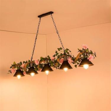 Imagem de Luminária pendente estilo pastoral americano retrô com corda de cânhamo para restaurante, bar, cafeteria, loja de chá com leite, loja de roupas, decoração com plantas (J 5 lâmpadas)