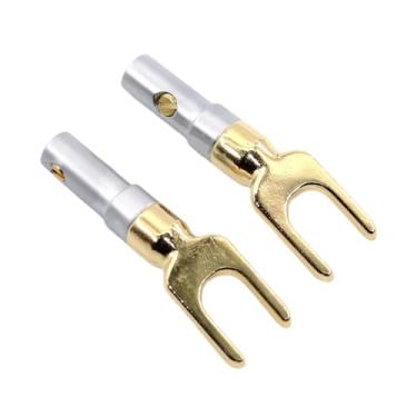Imagem de 2 peças banhado a ouro Y/U tipo banana conector fio conector parafuso trava garfo pá banana