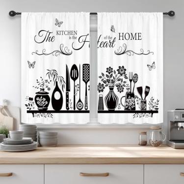 Imagem de Riyidecor Cortinas pretas rústicas de cozinha, curta, pequena fazenda, tábua de madeira, utensílios de cozinha, borboleta floral, retrô, bolso para varão, citação engraçada, quarto e sala de estar