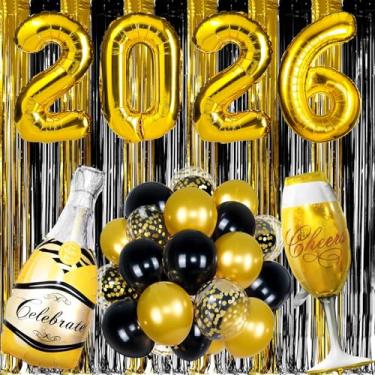 Imagem de KAXIXI Decorações de festa de feliz ano novo 2026, cortinas de franja de folha preta dourada número 2026 balões de festa para adereços de foto de ano novo, suprimentos de festa de ano novo de 2026