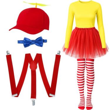 Imagem de Shihanee 6 peças de chapéus de palhaço arco-íris gravata borboleta Y suspensórios saia tutus calça legging para mulheres (gravata borboleta azul royal, M)