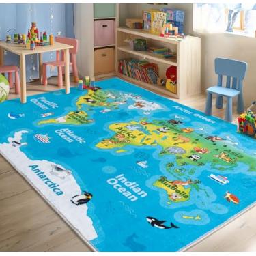 Imagem de OHDS Kids Playroom Rug, 8x10ft World Map Play Mat with Cute Animals, Washable Durable Soft Carpet Kid Educational Rugs for Boys Girls Bedroom Nursery Classroom