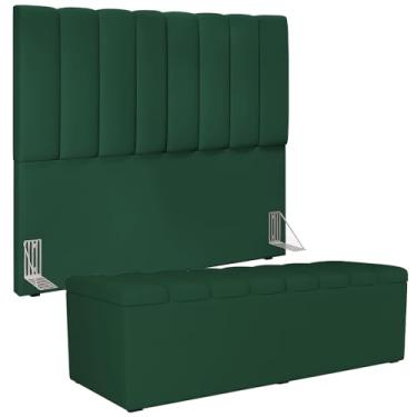 Imagem de Kit Cabeceira Cama Box Casal 140cm Calçadeira Recamier Baú Dália W01 Suede Verde Musgo - Lyam Decor