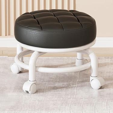 Imagem de Banqueta redonda baixa e resistente, com rodas giratórias, confortável, assento de couro sintético com rodas para escritório, academia, salões, spas, sala de estar, 80, preto