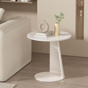 Imagem de Mesa lateral redonda moderna com suporte de metal, mesa lateral de sofá de ardósia em forma de C, pequena mesa lateral redonda para sala de estar e quarto, preta (branca)