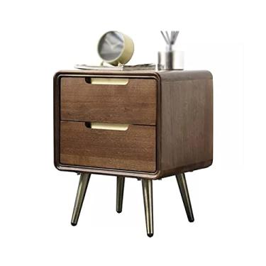Imagem de Mesa de cabeceira de madeira maciça, luxuosa, moderna, armário de cabeceira para quarto, mesa lateral, cor nogueira, armário de armazenamento com 2 gavetas com 4 pernas de mesa de metal para quartos,