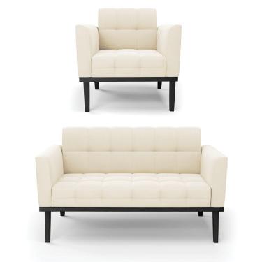 Imagem de Sofá Namoradeira E Poltrona Base De Madeira Preto Elisa Veludo D03 - D'rossi Cor Bege
