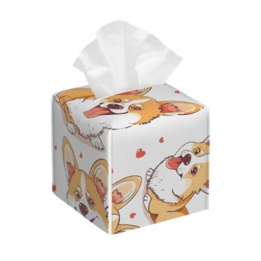 Imagem de Capa quadrada de couro para caixa de lenços de papel à prova d'água para cães Corgi coração fofo organizador de papel facial com cinto inferior estojo de tecido para mesa, banheiro, escritório, mesa