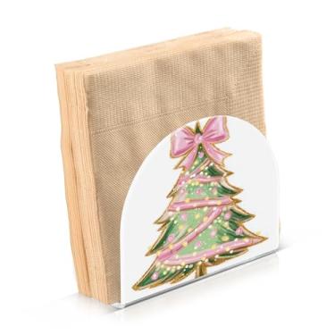 Imagem de Blueangle Suporte de guardanapo de arco rosa para árvore de Natal - decoração de mesa de acrílico à prova de vento para cozinha e casa, dispensador de lenços de férias com porta-guardanapos verticais