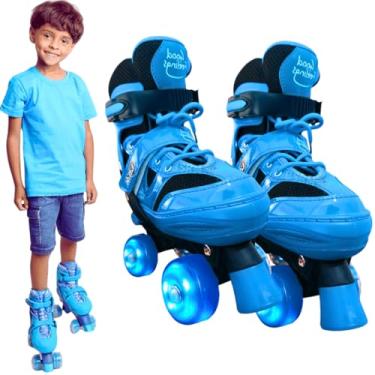 Imagem de Patins Infantil 4 Rodas Rosa Menina Feminino e Menino Masculino Com Roda Led RGB colorido Patis Quad Good Feelings Para Iniciante Brinquedo Presente Criança 5 Anos (Azul, M35-38)