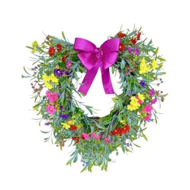 Imagem de Fancyes Guirlanda em forma de coração, guirlanda para porta de entrada, aro floral, de gipsófila suspensa com laço para ou casa, Rosa Vermelha