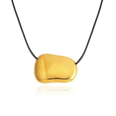 Imagem de Dr's gift Colar de feijão grosso banhado a ouro 14K para mulheres, colar grande com pingente de declaração de couro preto