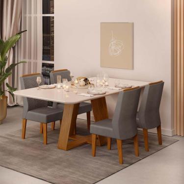 Imagem de Conjunto Sala De Jantar Mesa Com 4 Cadeiras Tampo Curvo 160cm Kiara Freijó/off White Lídia Veludo Lunar - Dj Móveis
