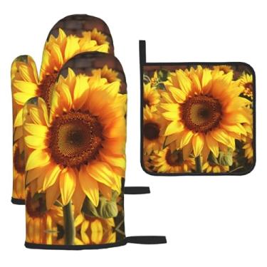 Imagem de Girassol amarelo – Conjunto de cozinha essencial com 3 peças, luvas resistentes ao calor e aderência da tampa, proteção para churrasco no forno, design de armazenamento suspenso.