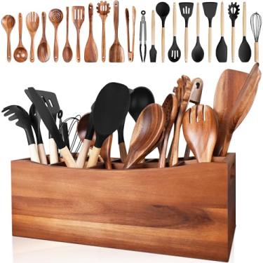Imagem de XYJ Suporte de utensílios de madeira, recipiente de utensílios com utensílios de cozinha, incluindo espátulas, conchas, batedores, pinças de alimentos e pincel de pastelaria, ferramenta organizadora
