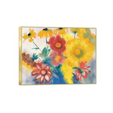 Imagem de BMZFYBS Pintura de arte de parede de flores - imagem de decoração vintage - flores vermelhas e amarelas - impressões em tela moldura dourada para sala de estar 50 x 65 cm 20 x 26 pol