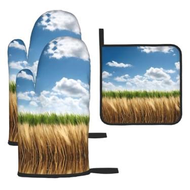 Imagem de Wheat Field – Conjunto de cozinha essencial com 3 peças, luvas resistentes ao calor e aderência da tampa, proteção para churrasco no forno, design de armazenamento suspenso.