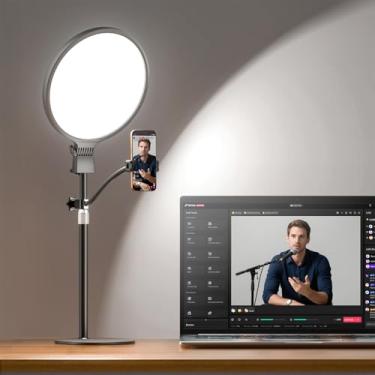 Imagem de Anel de luz de 2300 lúmens com suporte para mesa, computador e laptop – Podcast e luz de streaming com suporte de telefone flexível, CRI 98+ luz de zoom brilhante e suave para gravação de vídeo