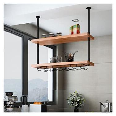 Imagem de Prateleira de teto suspensa para vinho, suporte de garrafa de teto de metal, suporte de armazenamento de vinho com prateleira de vidro de taças para embaixo do armário, cozinha, bar