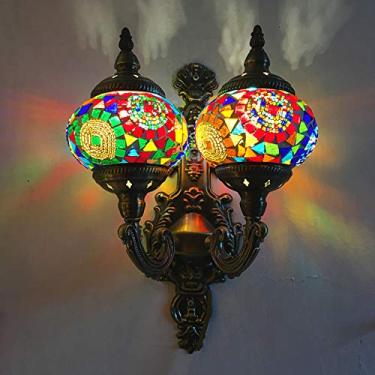 Imagem de Luminária de parede turca de mosaico com 2 braços, arandela marroquina, luminária de parede boêmia de vidro para cabeceira, ideal para sala de estar, quarto, corredor, varanda, café ou bar.