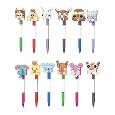 Imagem de Kit 12 Unidades Caneta Régua Blocos de Montar Coloridos Encaixe Animais Bichos Canetinha Educativo