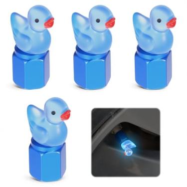 Imagem de Bonitas tampas de válvula de pneu de pato, 4 peças de tampas de válvula de pneu que brilham no escuro, tampa de haste de válvulas de pneus de carro interessante, acessórios engraçados, decoração