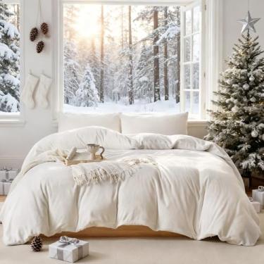 Imagem de WARMDERN Conjunto de capa de edredom de veludo branco super king, capa de edredom de veludo de leite de luxo com fecho de zíper, 3 peças de capas de edredom ultramacias para todas as estações, 304,8