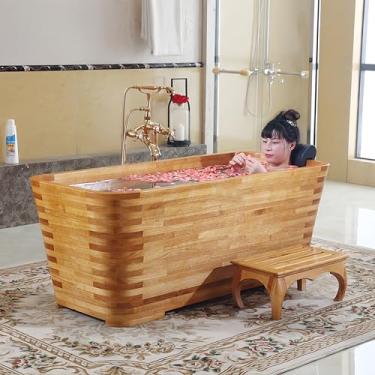 Imagem de OGOLOUG Banheira de madeira feita à mão – Banheira de imersão de carvalho premium com travesseiro, banco e válvula de drenagem de cobre (cor de madeira, 157,5 cm (1,6 m))