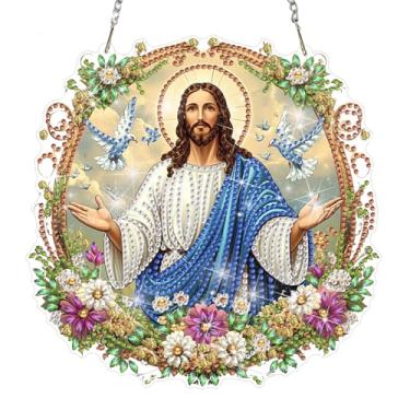 Imagem de NAIMOER Kits de pintura de diamante para adultos, kits de pendurar arte de diamante Jesus 5D, enfeite de pingente, arte de cristal de formato especial, kit de artesanato placa acrílica para decoração